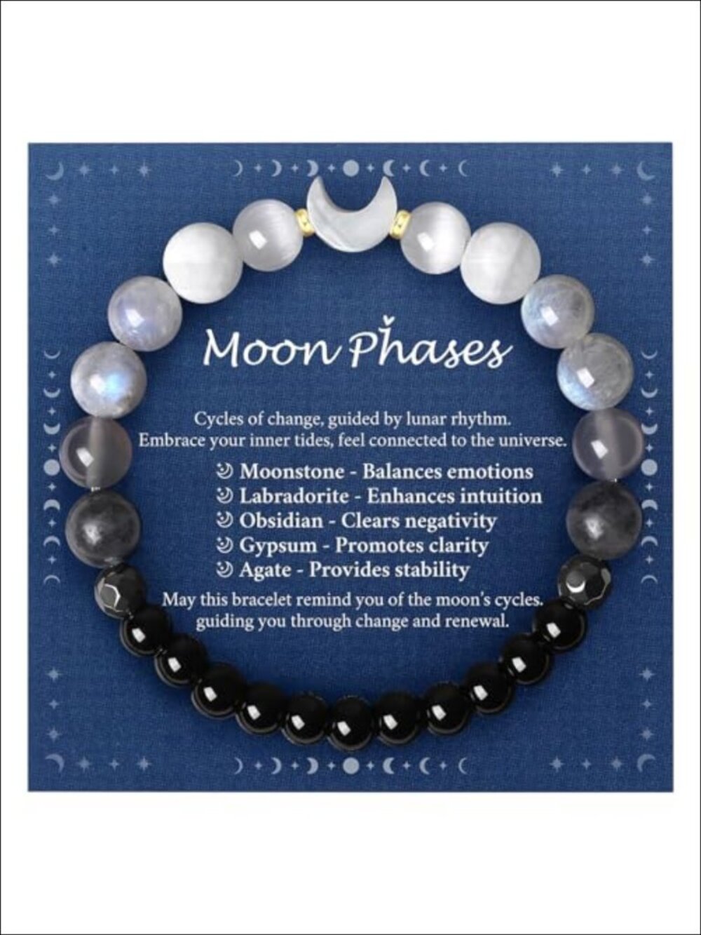 Moon Phase Bracelet 8mm Natural Stone 18K Gold Plated Beaded Stretch